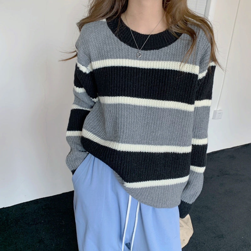 sweater Korean Style Thick Color Matching Loose Lazy round Neck Striped Sweater for Women