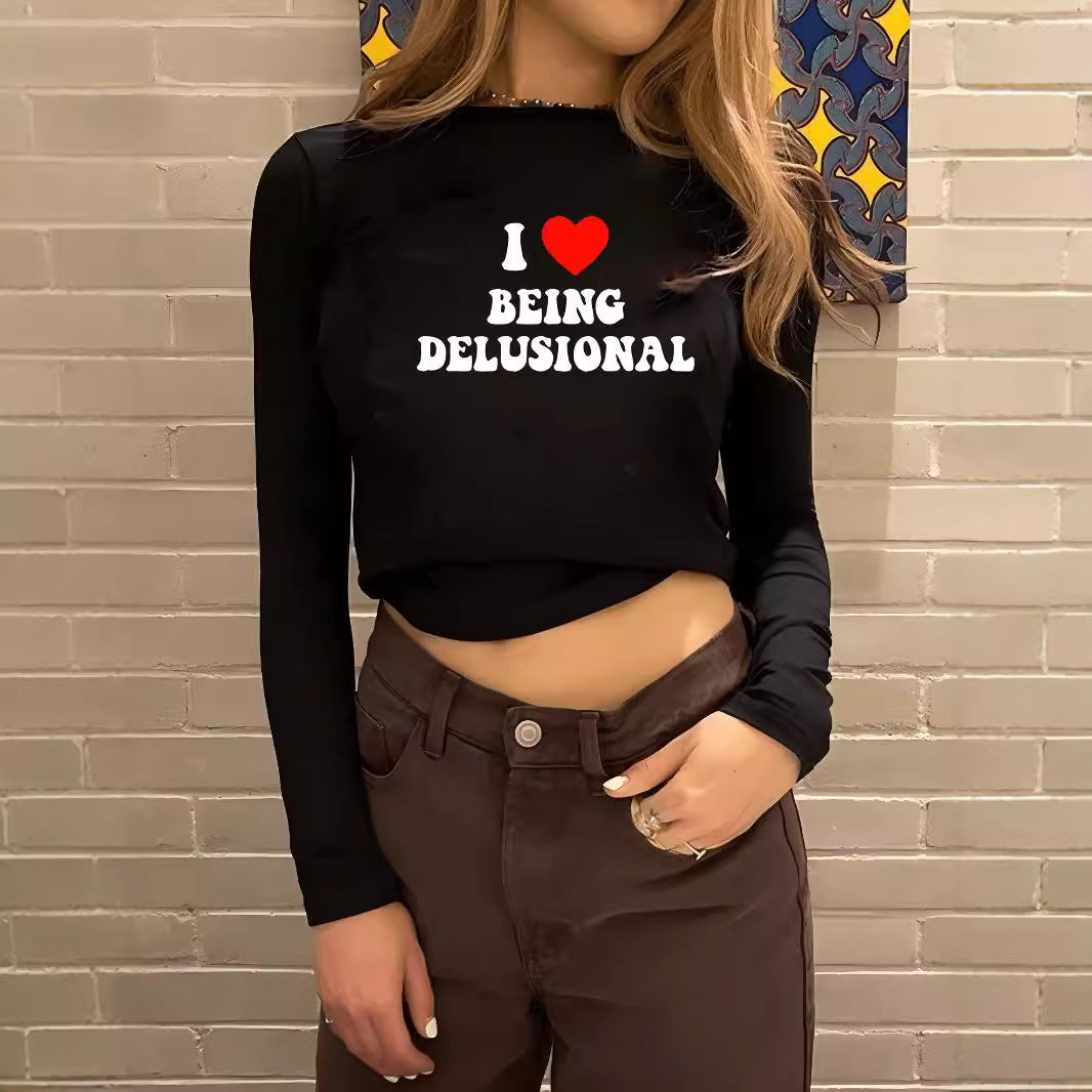 American Hot Girl round Neck Shoulder Long Sleeve Navel Top Fashion Street Slim Short T-shirt for Women