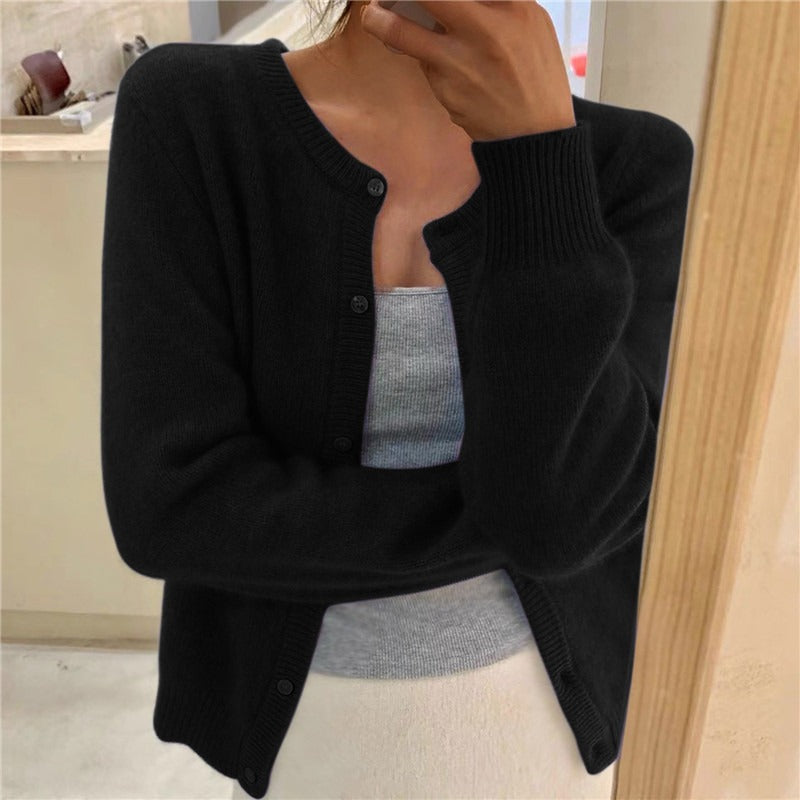 soulja boy outfits Solid Color Knitted Cardigan Single Row Long Sleeve Pullover round Neck Cardigan Coat Sweater for Women