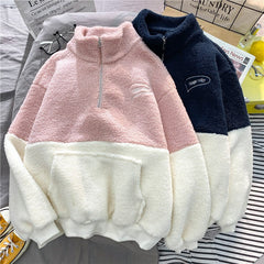 sweater Women's Half Turtleneck Cashmere Sweater Autumn and Winter Fleece-lined Thickened Loose Long Sleeve Half Zipper Pullover Sweater Women's Fashion