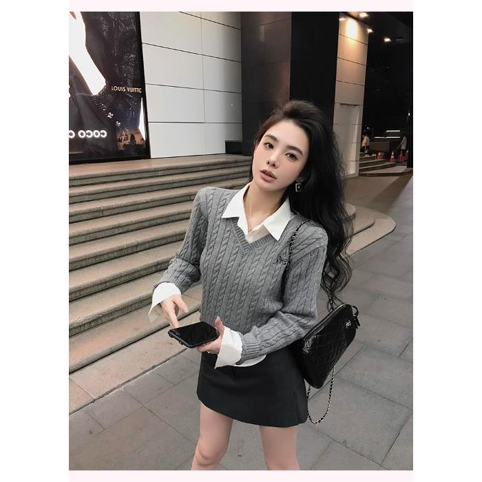 outfit ideas for school Autumn New Solid Color Long-Sleeved Sweater Short Pullover Fake Two-Piece Twist Embroidered V-neck Sweater for Women