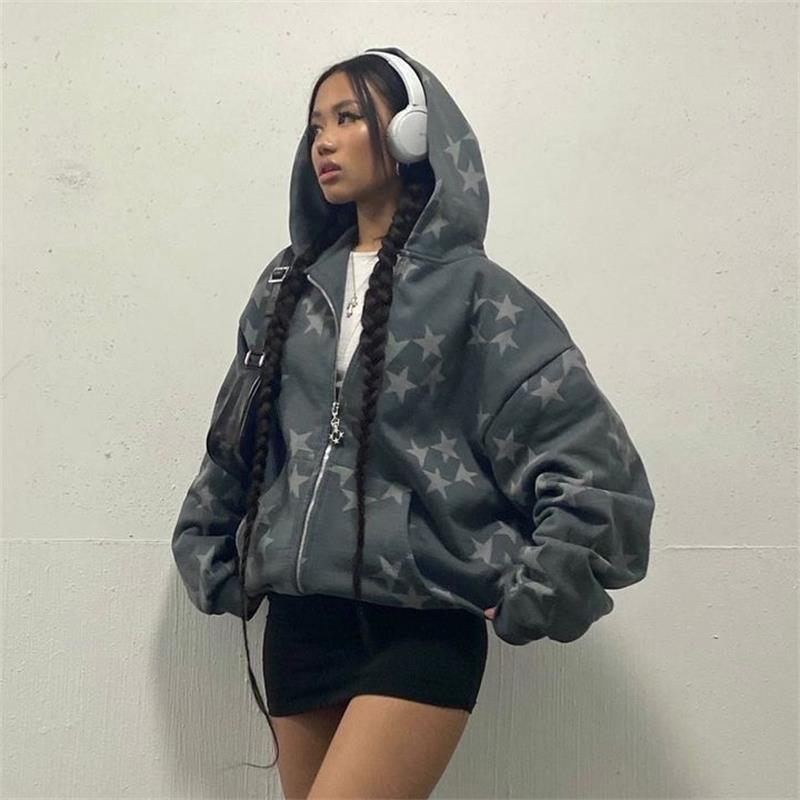 Jazzher 90s streetwear Star Print Hooded Cardigan Zipper Loose Men's and Women's Fashion Brand Sweater Coat FN