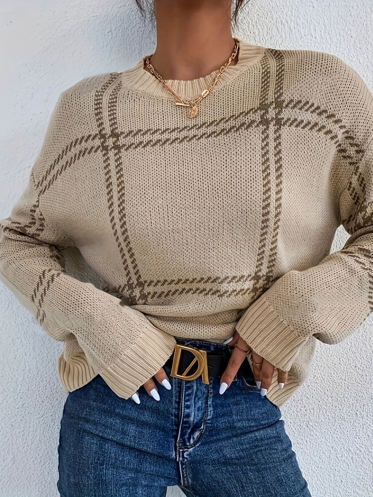 sweater 2024 Autumn and Winter New Fashion Plaid Casual round Neck Knitted Pullover