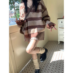 fall fashion outfits Autumn New Korean Style Striped Simple V-neck Contrast Color Loose Mid-Length Lazy Style Slimming Sweater