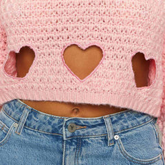 sweater round Neck Short Hollow Top Women's Design Fashionable Drawstring Heart Hollow Sweater Blouse Pullover Loose Niche