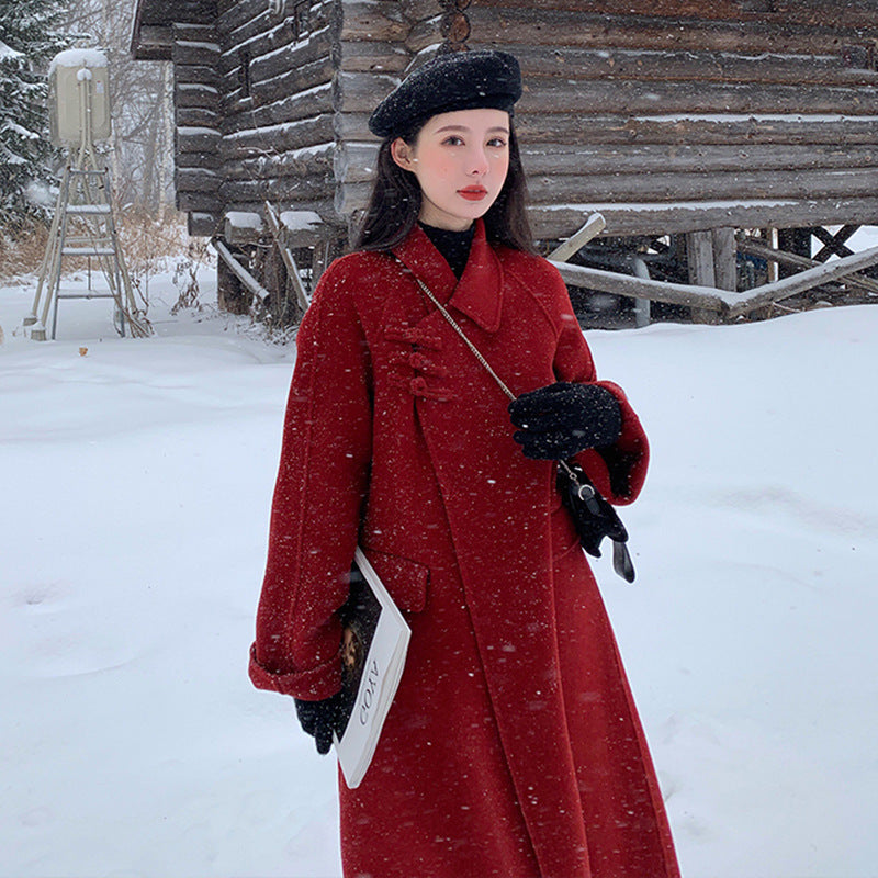 construction worker costume Double-Sided Wool Coat 2024 Autumn and Winter Red Long Vintage Wedding Woolen Coat