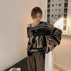 sweater plus Size Women's Striped off-Shoulder Sweater Women's Autumn New Korean Style Retro Lazy Style Loose Slimming Long Sleeve Sweater