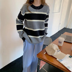 sweater Korean Style Thick Color Matching Loose Lazy round Neck Striped Sweater for Women