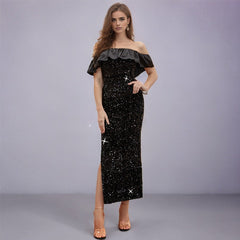 Middle East Solid Color Tube Top Velvet Sequined Ruffle Collar High Slit Party Dress Evening Dress Midi Dress Dress