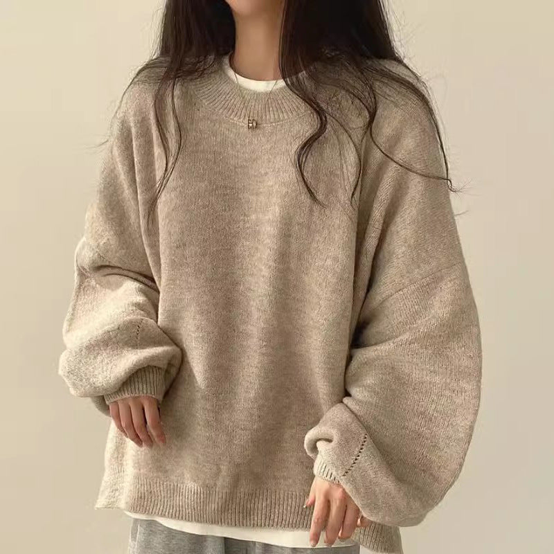 soulja boy outfits Chic Autumn and Winter French Style Lazy round Neck Side Slit Loose Casual All-Match Long Sleeve Warm Knitted Sweater