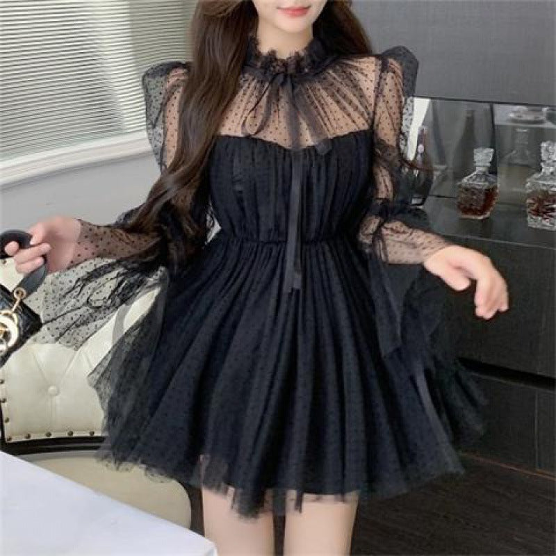 avant garde dress to impress Long Sleeve Polka Dot Mesh Stitching Tube Top Waist Slimming Pettiskirt Dress Women's Spring and Autumn New