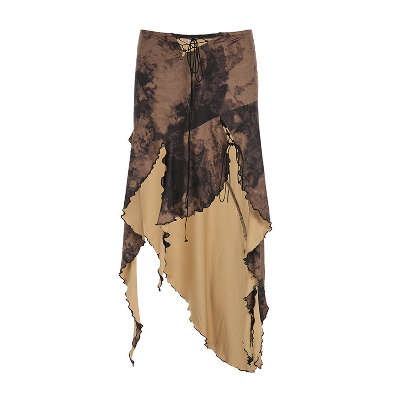 earthy style outfits dress to impress Women's Printed High Waist Lace-up Irregular Ruffled Ribbon A- line Skirt Mid Skirt