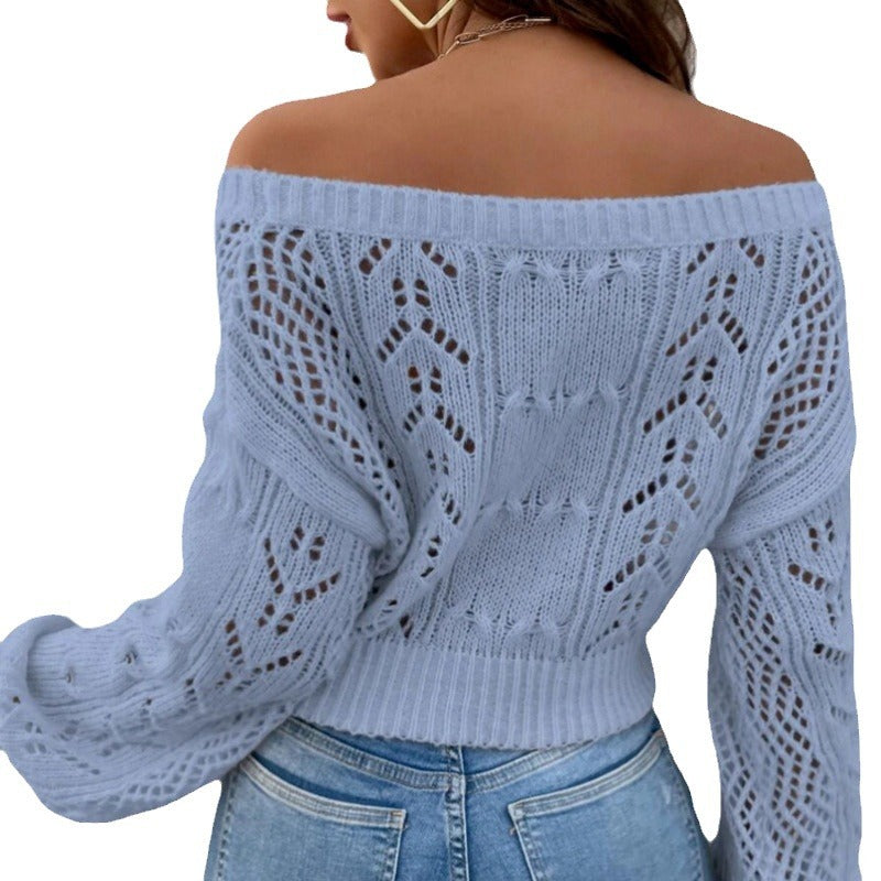 off shoulder  Spring Women's Sweater Short Solid Color Hollow-out off-Shoulder Sweater