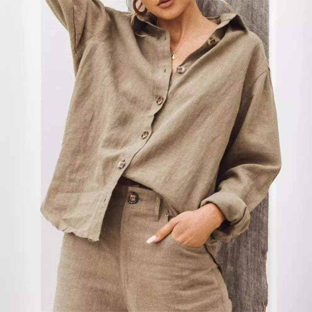 fashion outfits 2024 Autumn and Winter Fashion Lapel Long Sleeve Cotton and Linen Loose Women's Shirt