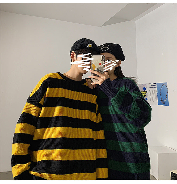 sweater Autumn and Winter Sweater round Neck Korean Style Casual Sweater Loose Sweater Trendy Striped Lazy Thick Bottoming Shirt