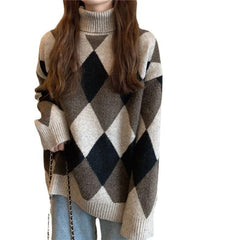 sweater Spring and Autumn New Korean Style Retro Lazy Style Diamond Plaid Color Matching Thickened Warm Loose Turtleneck Sweater for Women