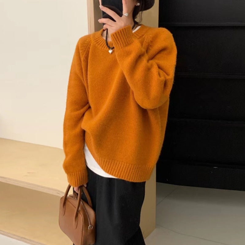 winter outfits men Orange round Neck Leather Standard Pullover Women's Autumn and Winter Korean Style High-Grade Loose Lazy Slimming Knitted Top