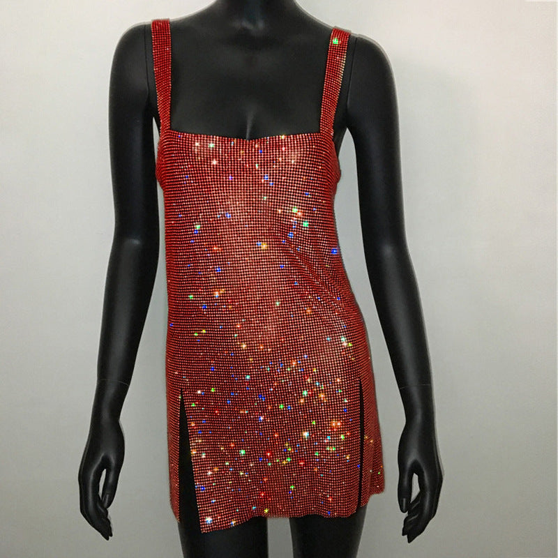 cybergoth dress to impress Fashion Women's Sexy Low Cut Rhinestone Dress Hot Girl Short Skirt Metal Suspender Dress Gown