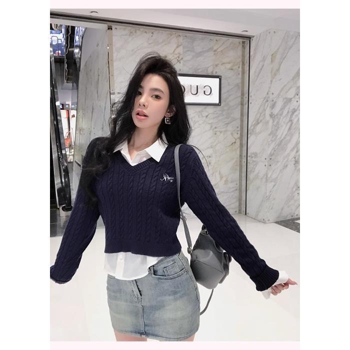 outfit ideas for school Autumn New Solid Color Long-Sleeved Sweater Short Pullover Fake Two-Piece Twist Embroidered V-neck Sweater for Women