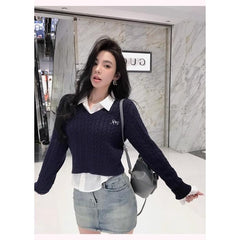 outfit ideas for school Autumn New Solid Color Long-Sleeved Sweater Short Pullover Fake Two-Piece Twist Embroidered V-neck Sweater for Women