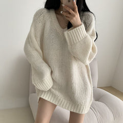 sweater Loose V-neck Large Sweater for Women 2024 Spring and Autumn Slimming Versatile Mid-Length Lazy Style Sweater for Women