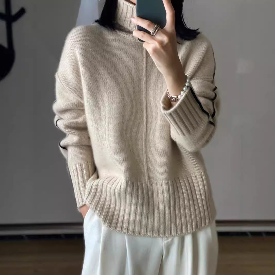 Autumn and Winter New Woolen Sweater Women's Loose Thickened Turtleneck Sweater Lazy Style Color Matching Pure Wool Knitted Bottoming Shirt