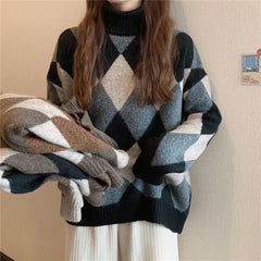 sweater Spring and Autumn New Korean Style Retro Lazy Style Diamond Plaid Color Matching Thickened Warm Loose Turtleneck Sweater for Women