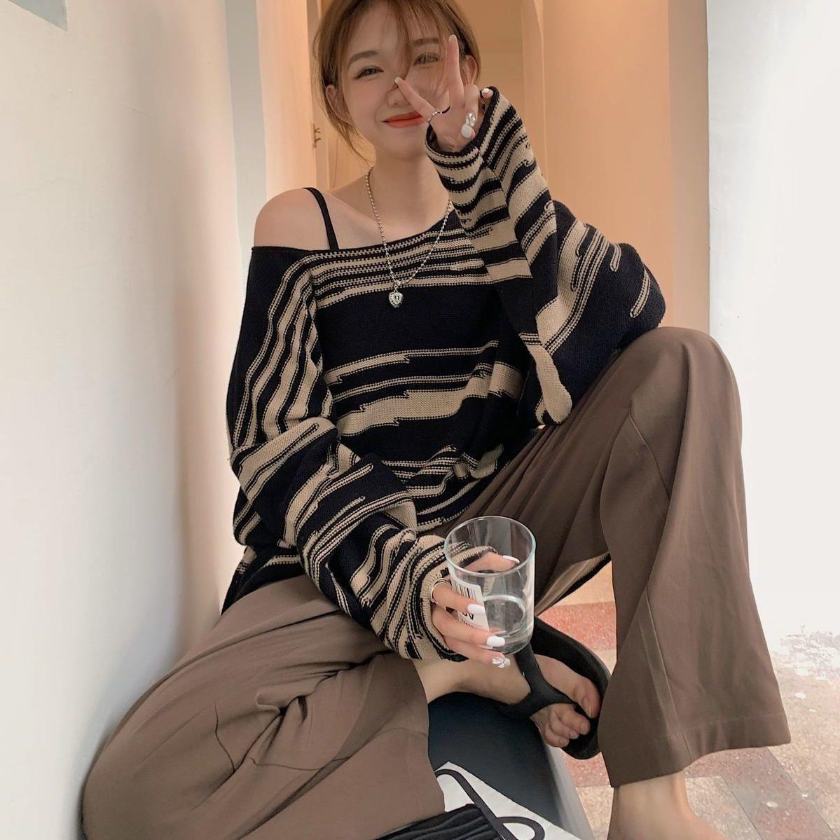 sweater plus Size Women's Striped off-Shoulder Sweater Women's Autumn New Korean Style Retro Lazy Style Loose Slimming Long Sleeve Sweater