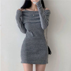 off shoulder off-Shoulder Knitted Sling Dress Women's Autumn and Winter 2024 New Pure Sexy off-Shoulder Rib Waist Hip Skirt