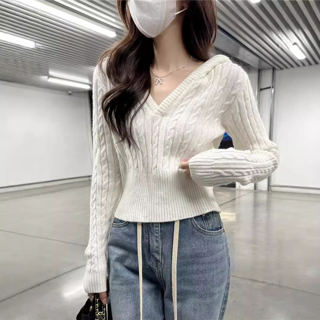 classy outfits men Autumn Women's Mishen Hooded Twist Sweater Women's Autumn Short V-neck Tight Waist Sweater Pullover Top