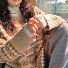 outfit inspo fall Japanese Style Retro Jacquard Rhombus Plaid Loose Pullover Knitted Sweater for Female Students 2024 New Autumn and Winter Wear Lazy Style