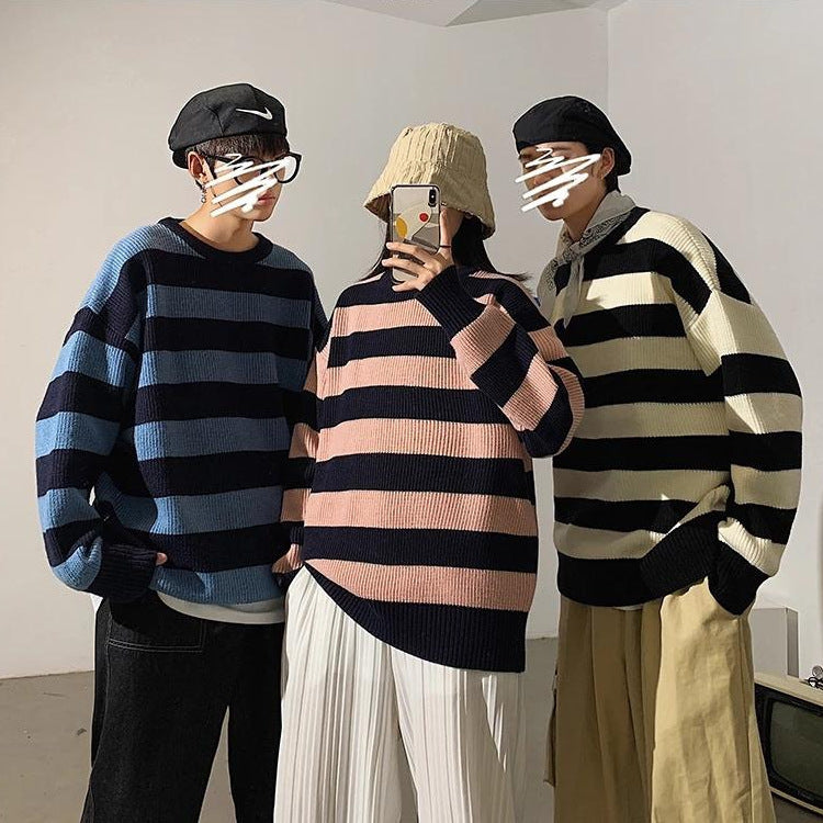 sweater Autumn and Winter Sweater round Neck Korean Style Casual Sweater Loose Sweater Trendy Striped Lazy Thick Bottoming Shirt