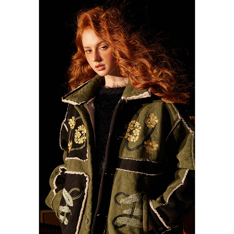 2000s fashion American Contrast Color Stitching Suede Floral Embroidered Lapel Lamb Wool Cotton-Padded Coat Thickened Warm Cotton-Padded Coat