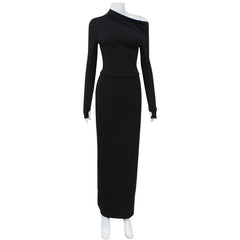 off shoulder  New Women's Oblique Collar Long Sleeve Finger-Covering Navel Stretch Solid Color Dress Sexy Fashion Skirt Suit Fashion