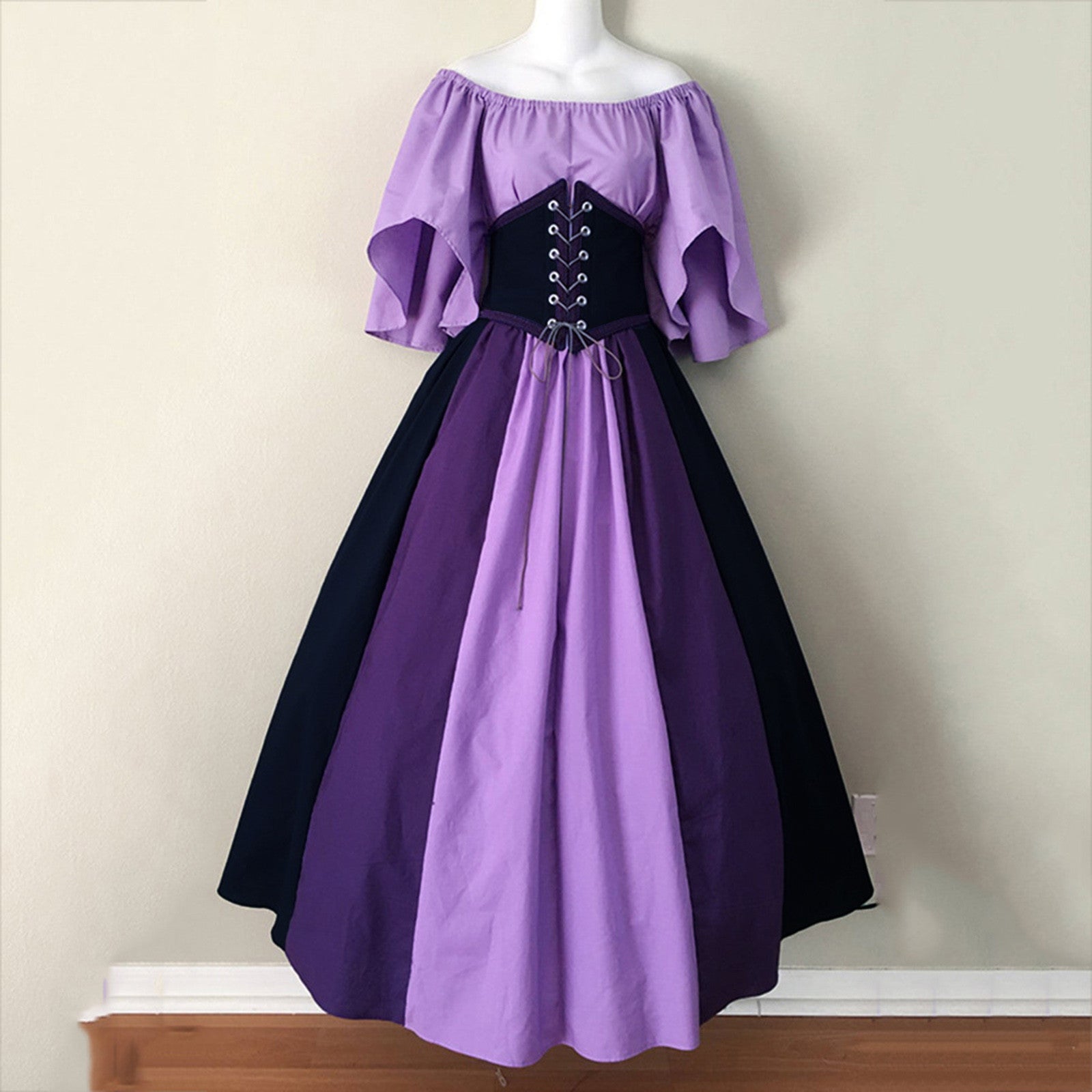 costume ideas Medieval Retro Contrast Color Slim Dress Flying Sleeve Large Swing Skirt off-Shoulder Dress Women's Cos Clothing Performance