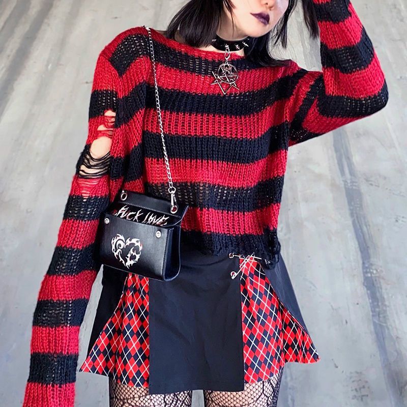 off shoulder  Ripped Ripped Mid-Length Sweater Women's Couple Striped Loose Punk Dark Sweater All-Match Sweater