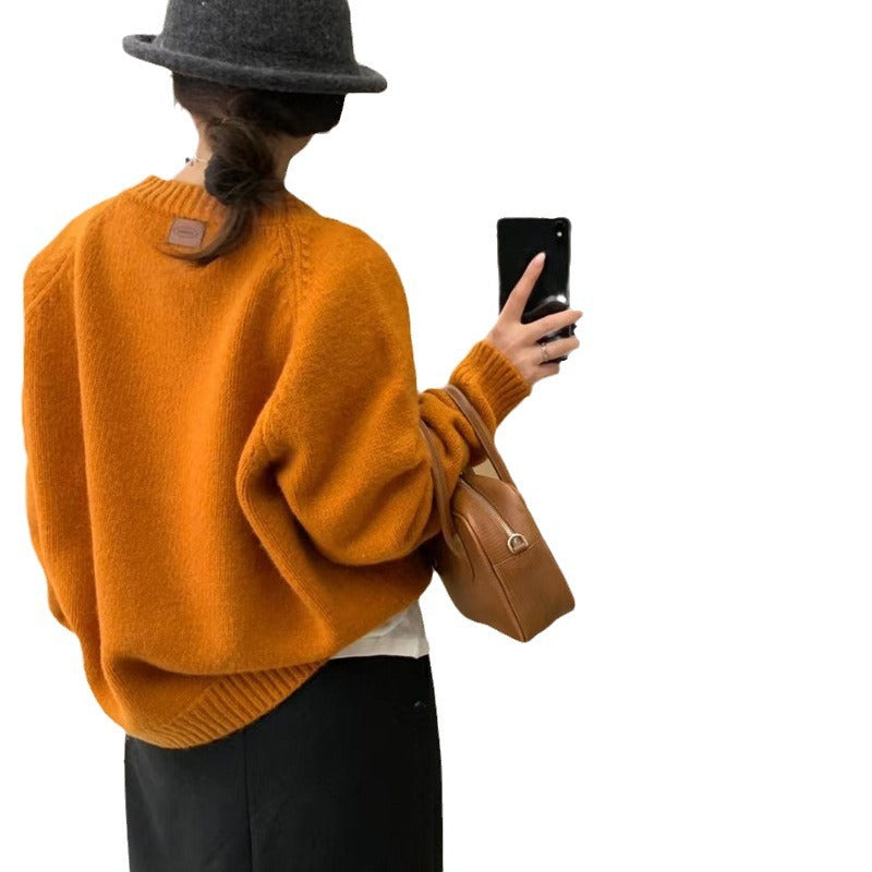 winter outfits men Orange round Neck Leather Standard Pullover Women's Autumn and Winter Korean Style High-Grade Loose Lazy Slimming Knitted Top