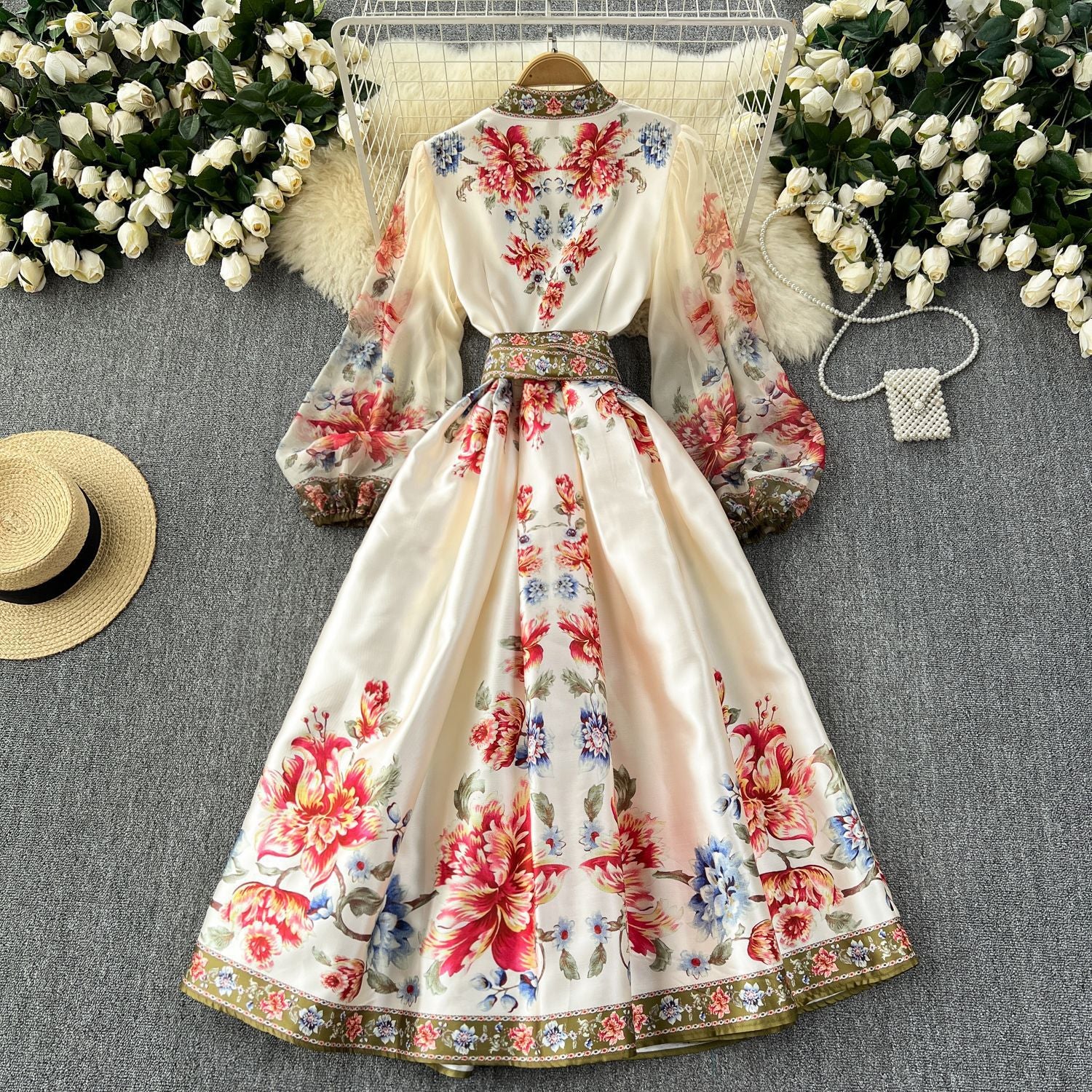 pop culture dress to impress French Retro Elegant Dress Women's High-Grade Court Style Printed Lace-up Waist-Tight Elegant Dress Long Skirt