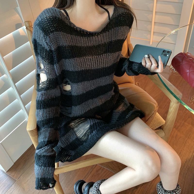 off shoulder  Ripped Ripped Mid-Length Sweater Women's Couple Striped Loose Punk Dark Sweater All-Match Sweater