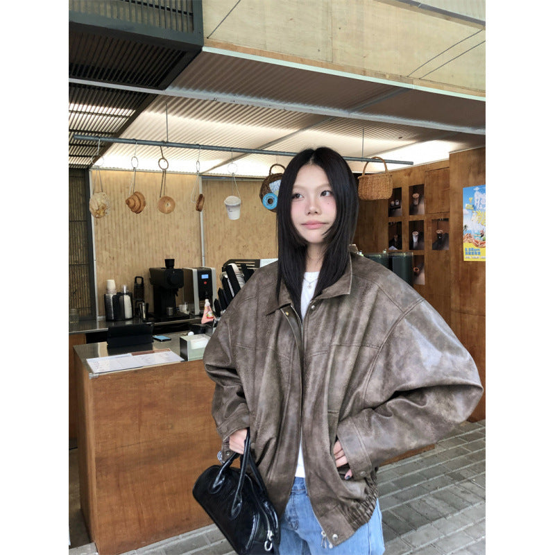 harajuku fashion dress to impress American Sweet Cool Retro Distressed Loose Jacket Leather Coat for Women