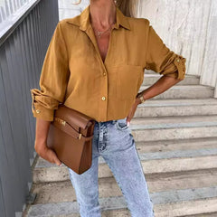 fashion outfits Autumn Simple Solid Color Sleeve V-neck Button Lapel Shirt for Women