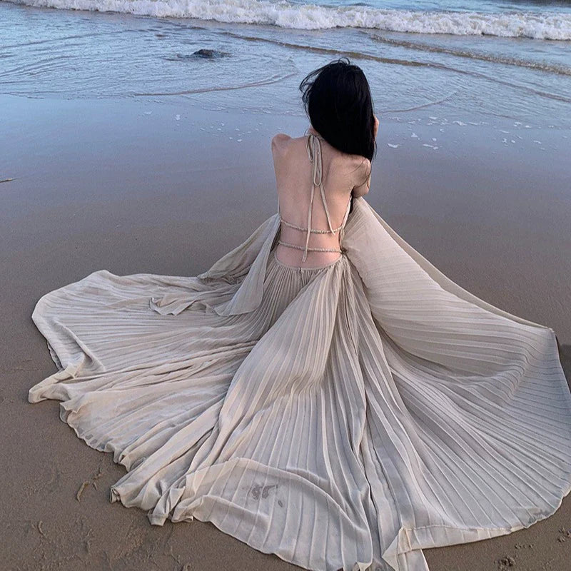 JazzHer-Photography Beach Dress Sexy Halter Pleated Dress Fancy Open Back Fairy Long Dress Large Swing Elegant Dress