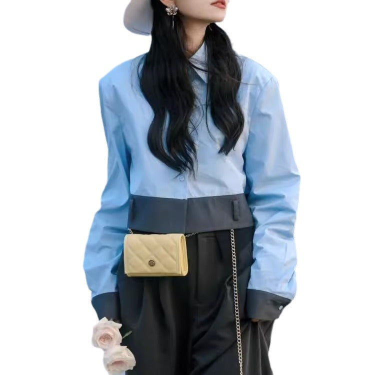 skater boy outfits Early Autumn Niche High-Grade Wear Suit Royal Sister Blue Stitching Long-Sleeved Shirt Women's Top