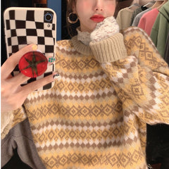 outfit inspo fall Japanese Style Retro Jacquard Rhombus Plaid Loose Pullover Knitted Sweater for Female Students 2024 New Autumn and Winter Wear Lazy Style