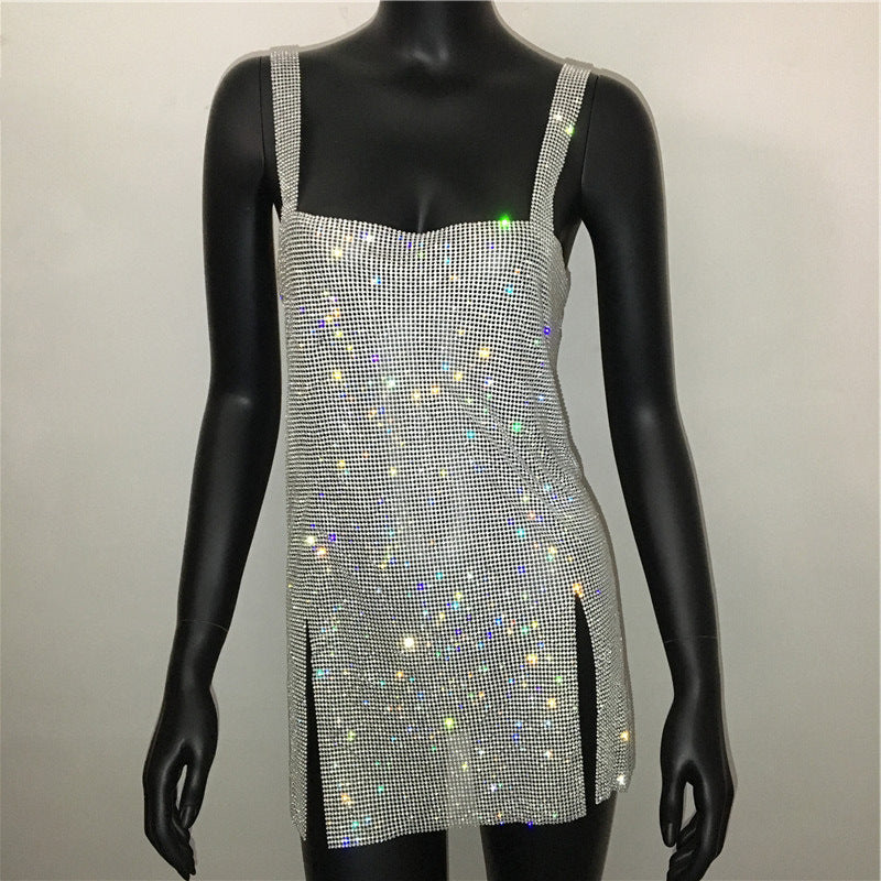 cybergoth dress to impress Fashion Women's Sexy Low Cut Rhinestone Dress Hot Girl Short Skirt Metal Suspender Dress Gown