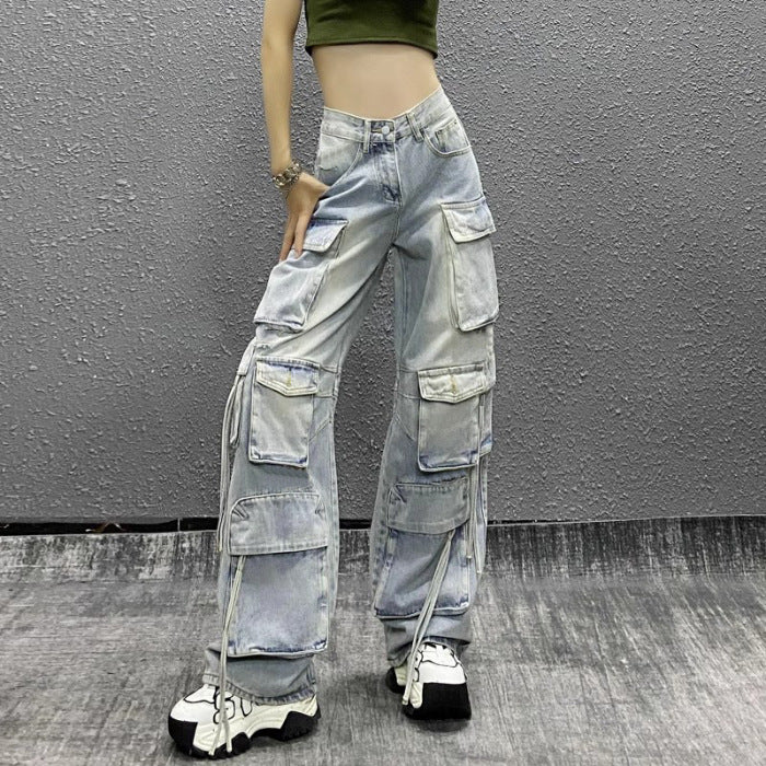 classy outfits men American Style Hip Hop Pants Multi-Pocket Heavy Industry Overalls Women's 2024 Summer High Waist Retro Straight Jeans Women