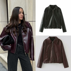 harajuku fashion dress to impress Women's Retro Lapel Zipper Leather Jacket American Casual Leather Coat Women