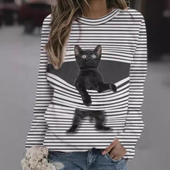 288014 Women's Top plus Size Autumn and Winter New Black Cat Striped round Neck T-shirt for Women