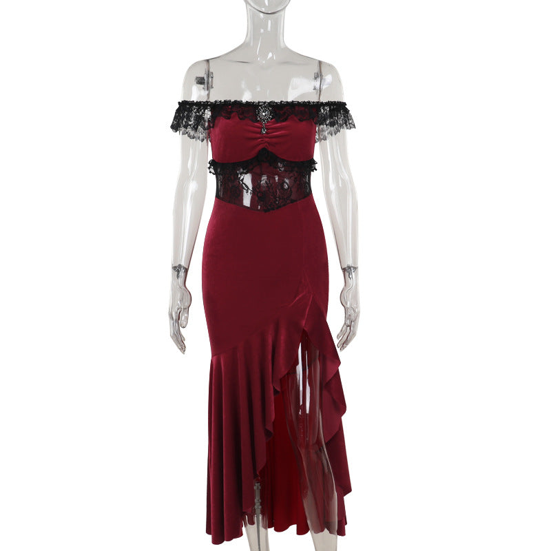 ribbons galore dress to impress Xs24241 Autumn 2024 New Celebrity Style Royal Sister Sexy off-Shoulder Velvet Irregular Dress Women