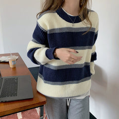 sweater Korean Style Thick Color Matching Loose Lazy round Neck Striped Sweater for Women